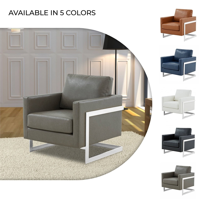 Leather Accent Armchair with Chromed Stainless Steel Frame in Grey