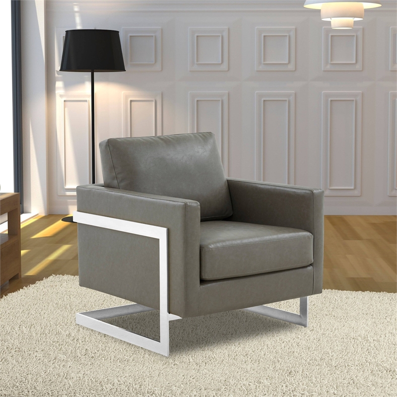 Leather Accent Armchair with Chromed Stainless Steel Frame in Grey