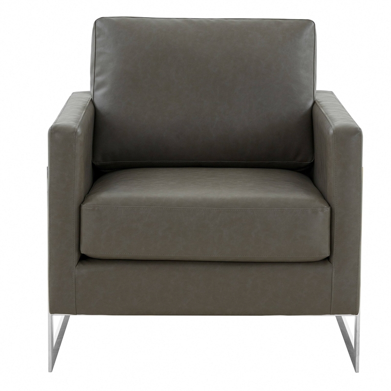 Leather Accent Armchair with Chromed Stainless Steel Frame in Grey