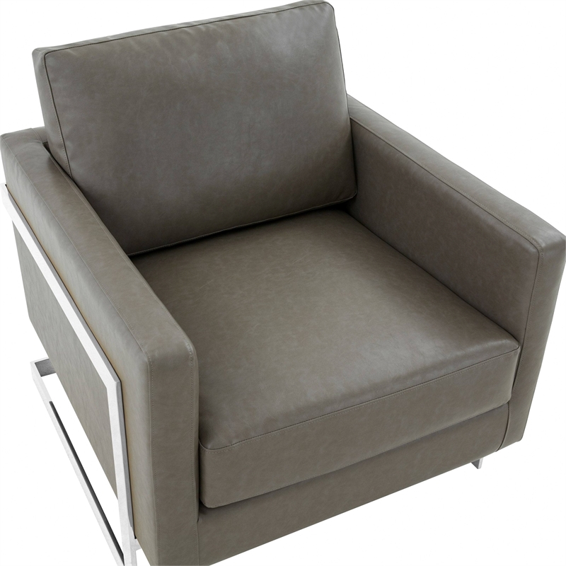 Leather Accent Armchair with Chromed Stainless Steel Frame in Grey