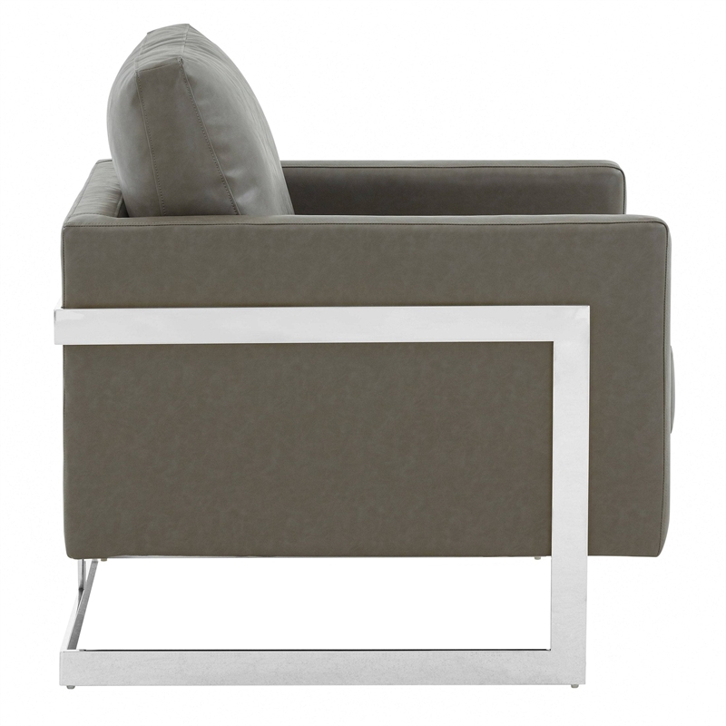 Leather Accent Armchair with Chromed Stainless Steel Frame in Grey