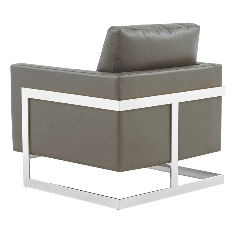 Leather Accent Armchair with Chromed Stainless Steel Frame in Grey