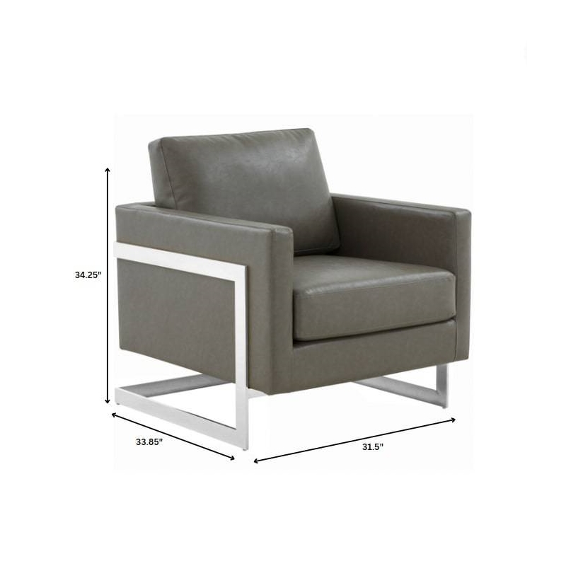 Leather Accent Armchair with Chromed Stainless Steel Frame in Grey