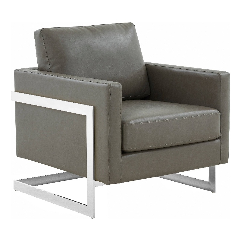 Leather Accent Armchair with Chromed Stainless Steel Frame in Grey