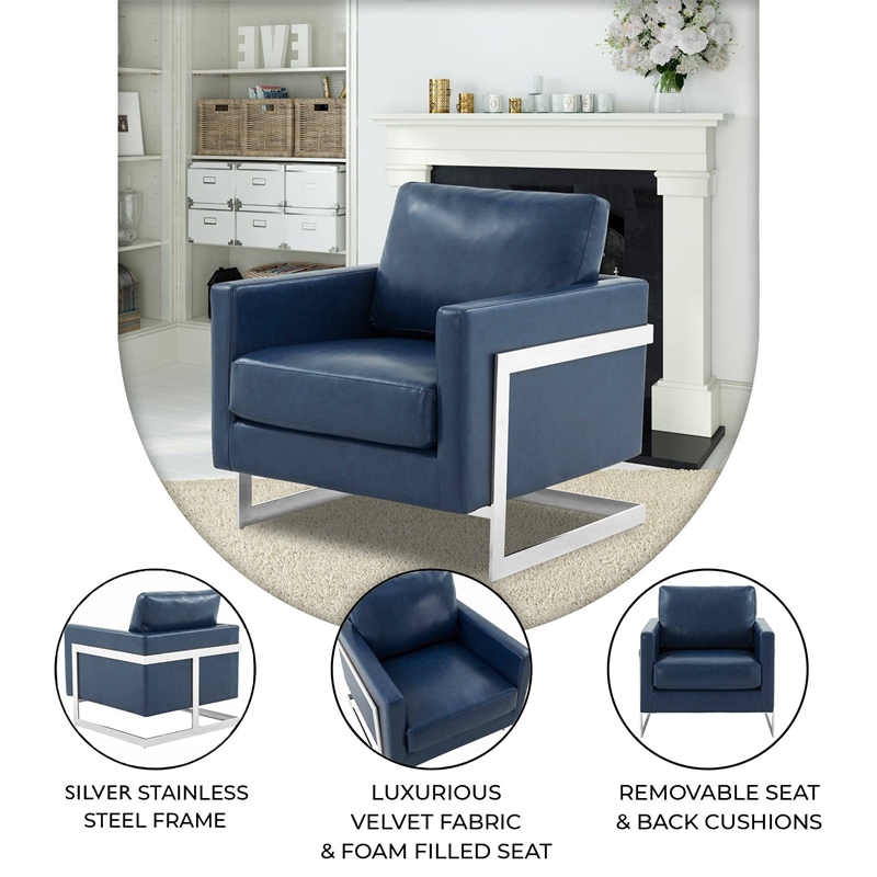 Leather Accent Armchair with Chromed Stainless Steel Frame in Blue