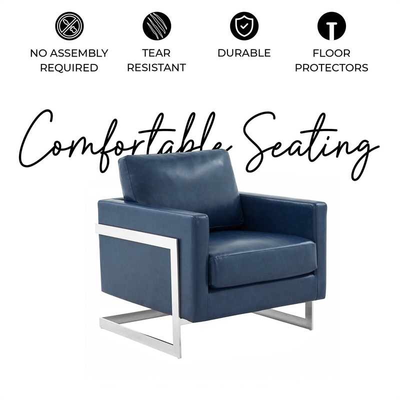 Leather Accent Armchair with Chromed Stainless Steel Frame in Blue