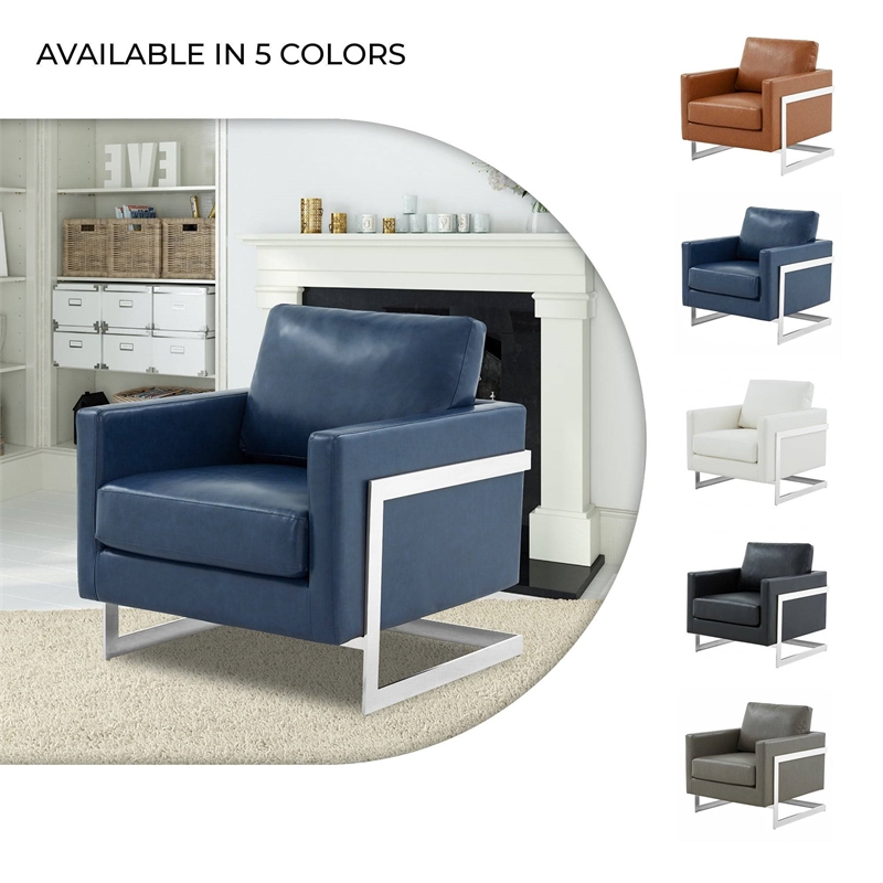 Leather Accent Armchair with Chromed Stainless Steel Frame in Blue