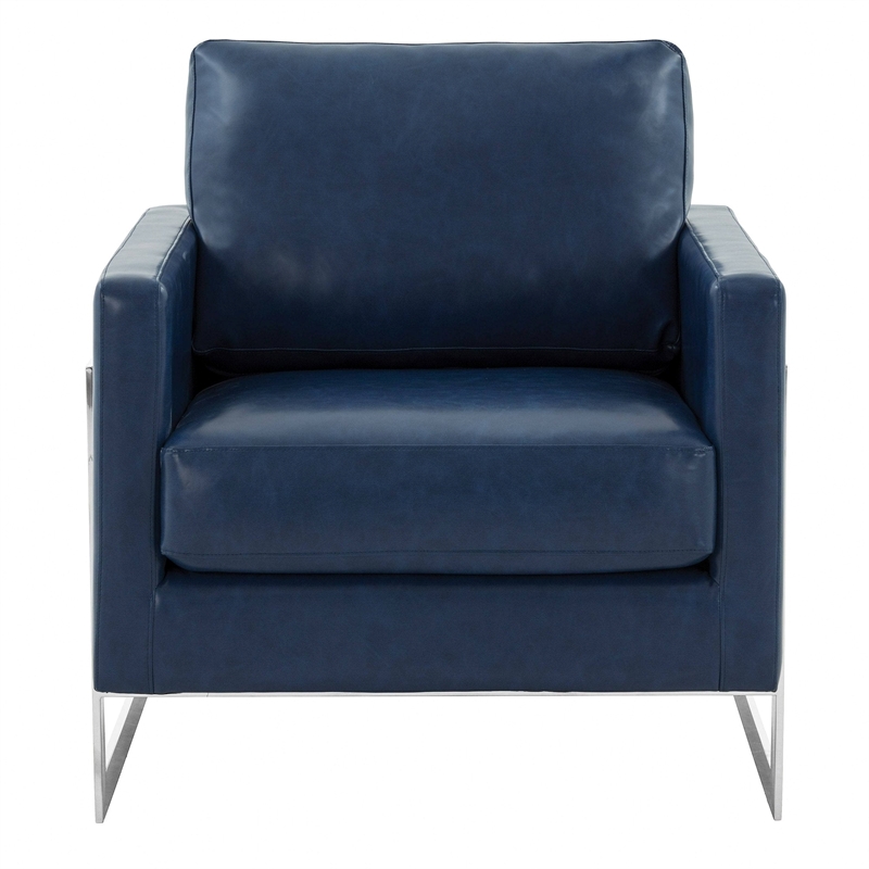Leather Accent Armchair with Chromed Stainless Steel Frame in Blue