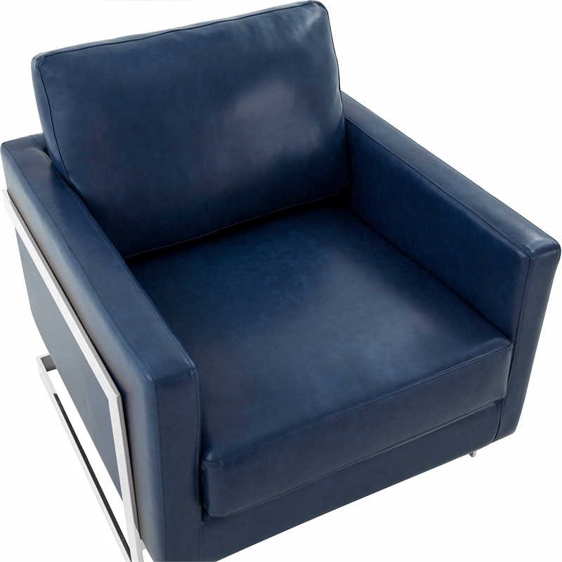 Leather Accent Armchair with Chromed Stainless Steel Frame in Blue