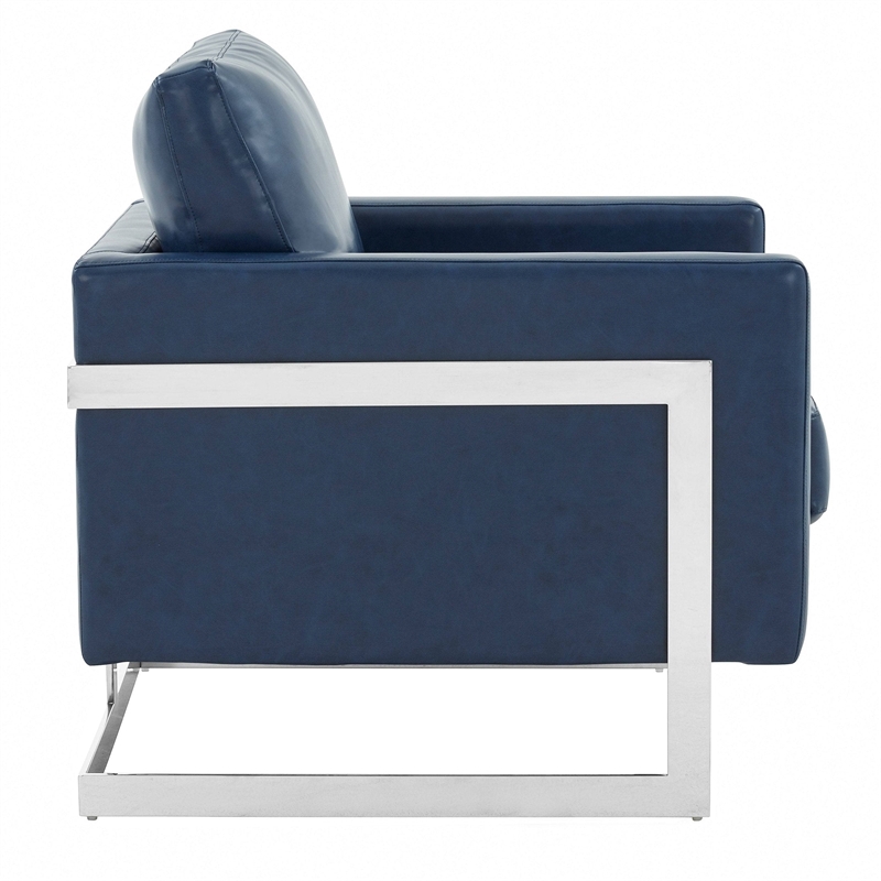 Leather Accent Armchair with Chromed Stainless Steel Frame in Blue