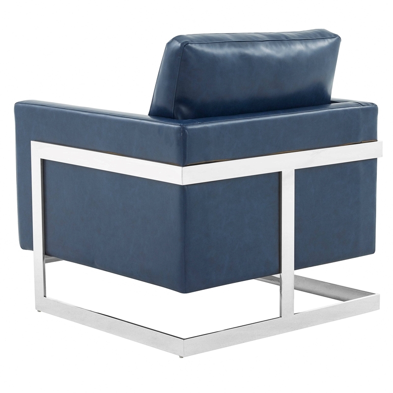 Leather Accent Armchair with Chromed Stainless Steel Frame in Blue
