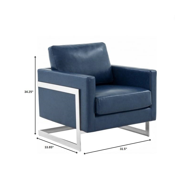 Leather Accent Armchair with Chromed Stainless Steel Frame in Blue