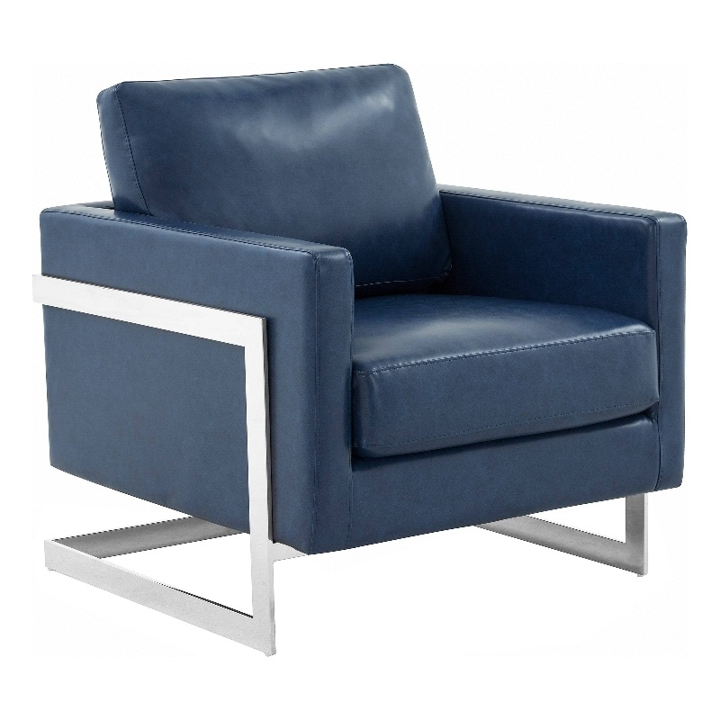 Leather Accent Armchair with Chromed Stainless Steel Frame in Blue