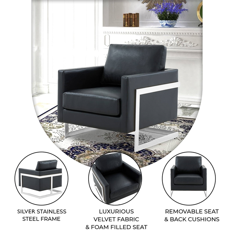 Leather Accent Armchair with Chromed Stainless Steel Frame in Black