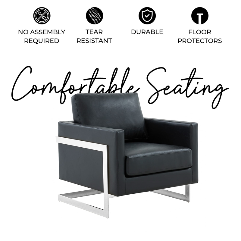 Leather Accent Armchair with Chromed Stainless Steel Frame in Black
