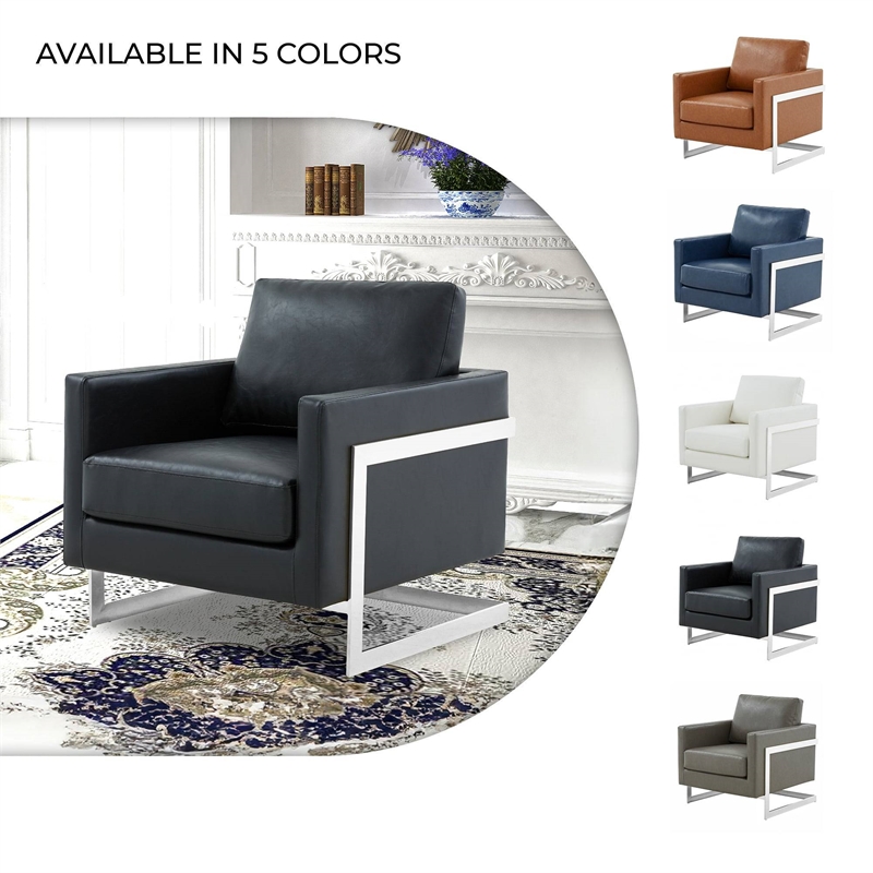 Leather Accent Armchair with Chromed Stainless Steel Frame in Black