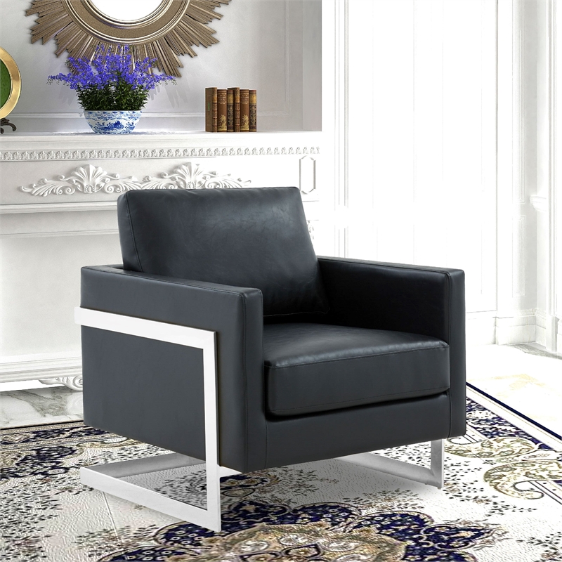 Leather Accent Armchair with Chromed Stainless Steel Frame in Black