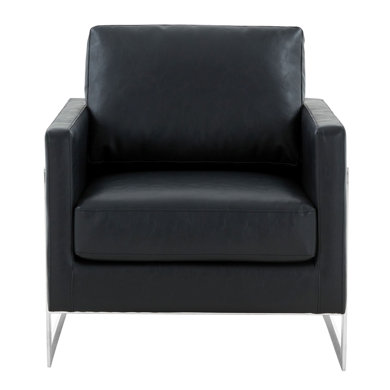 Leather Accent Armchair with Chromed Stainless Steel Frame in Black