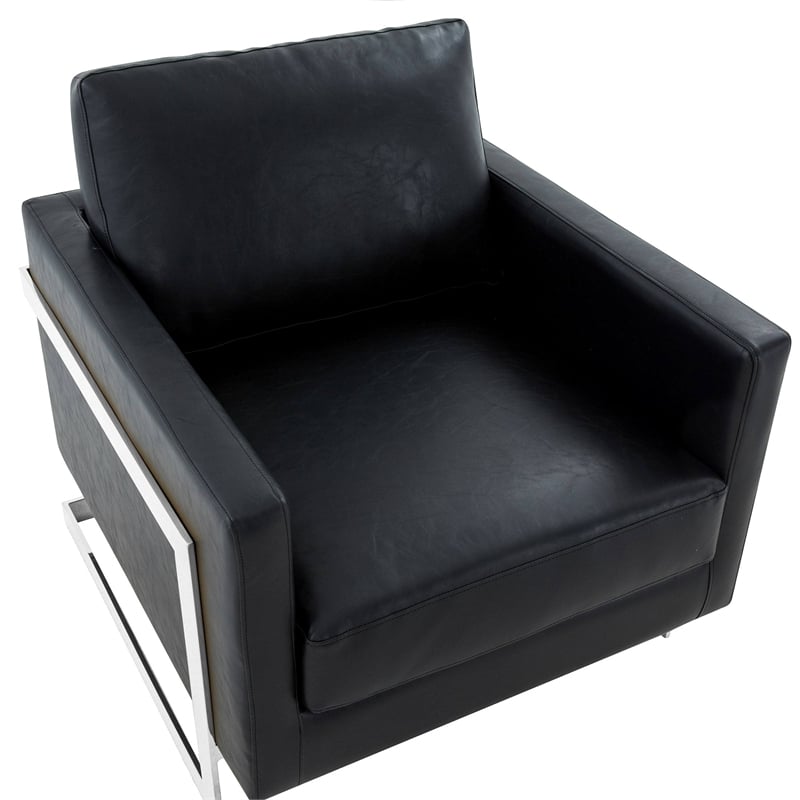 Leather Accent Armchair with Chromed Stainless Steel Frame in Black