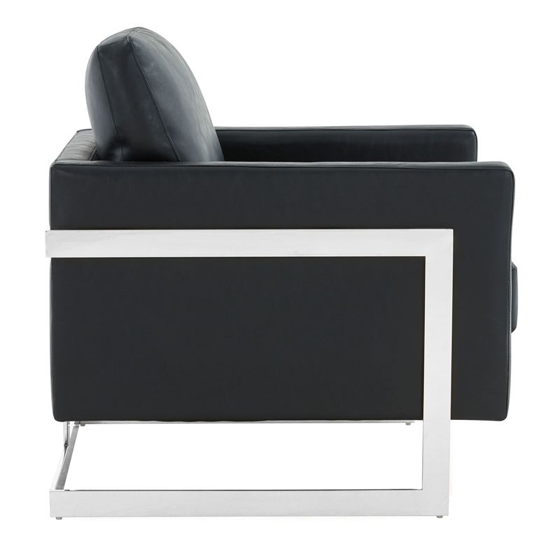 Leather Accent Armchair with Chromed Stainless Steel Frame in Black