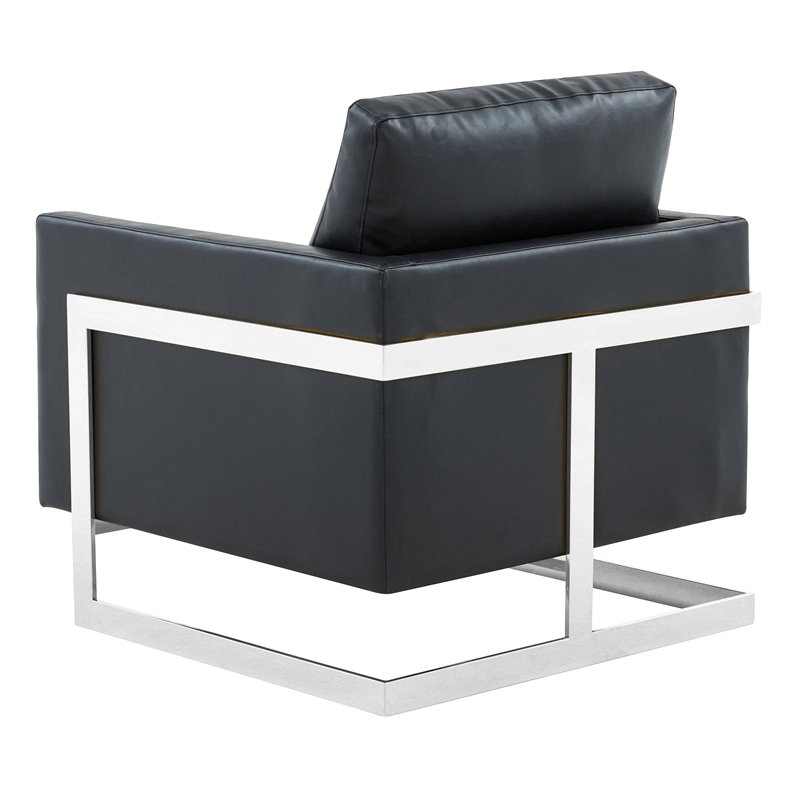 Leather Accent Armchair with Chromed Stainless Steel Frame in Black