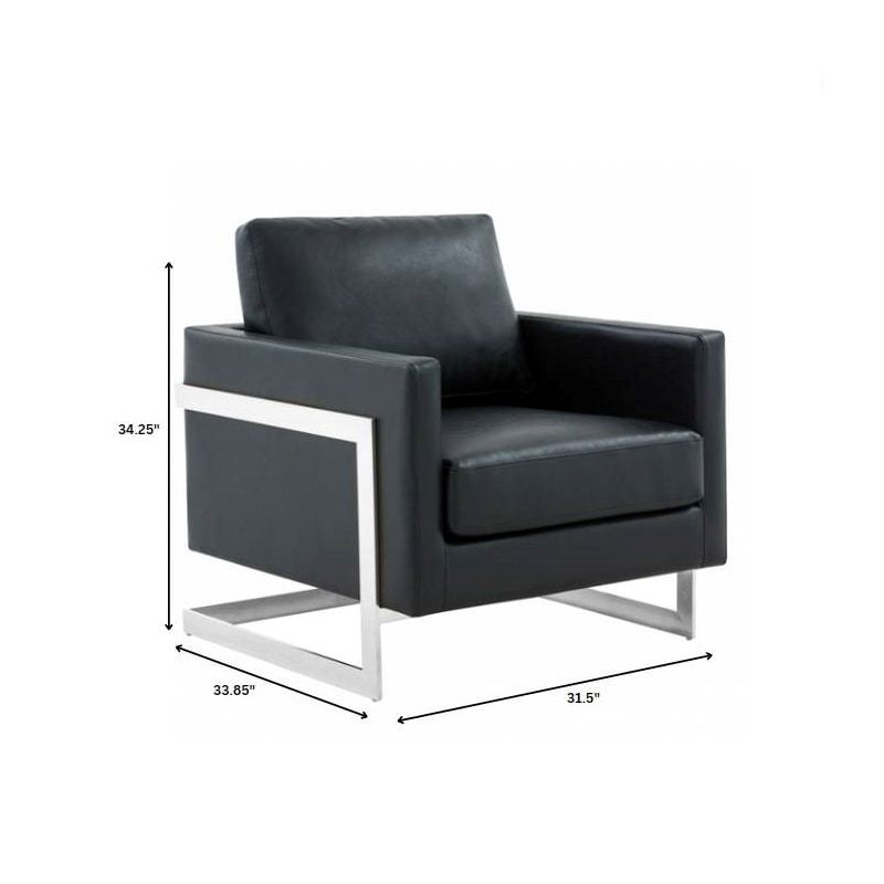 Leather Accent Armchair with Chromed Stainless Steel Frame in Black