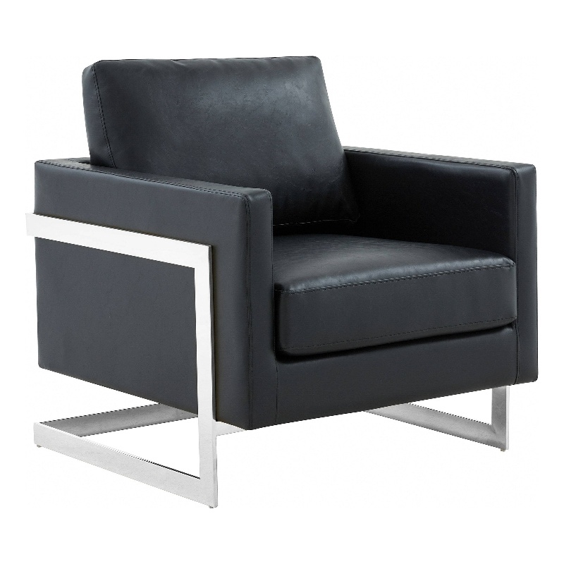 Leather Accent Armchair with Chromed Stainless Steel Frame in Black