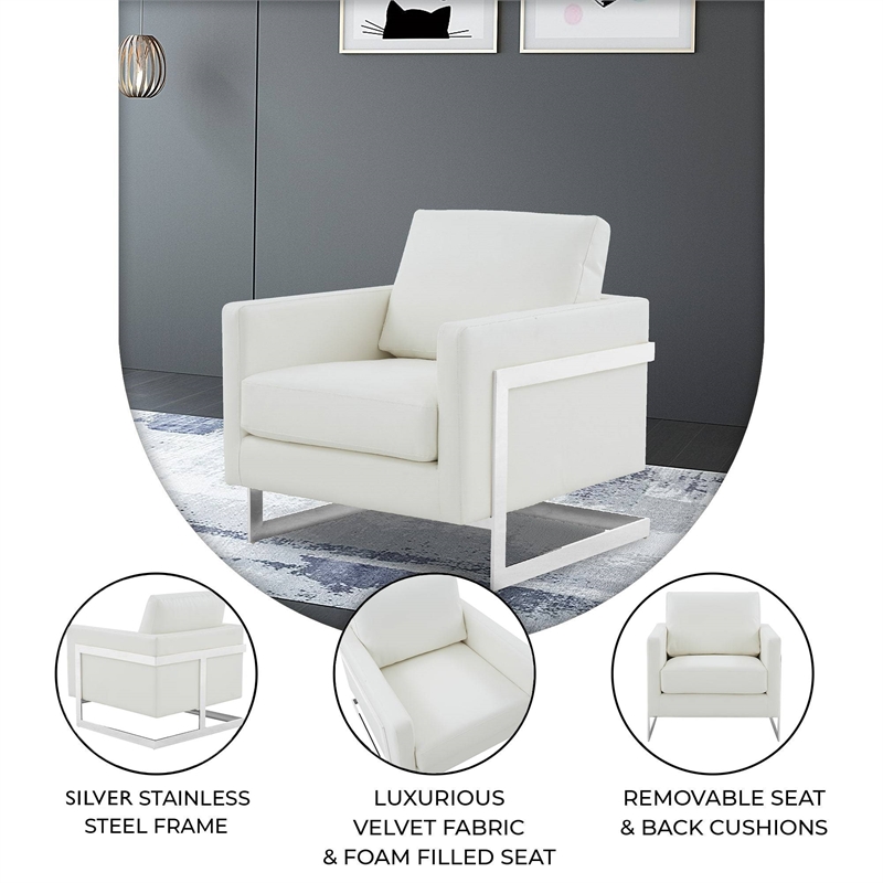 Leather Accent Armchair with Chromed Stainless Steel Frame in White
