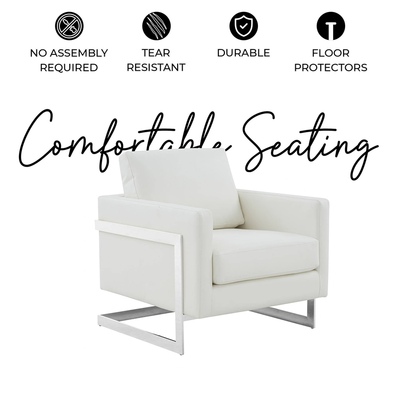 Leather Accent Armchair with Chromed Stainless Steel Frame in White