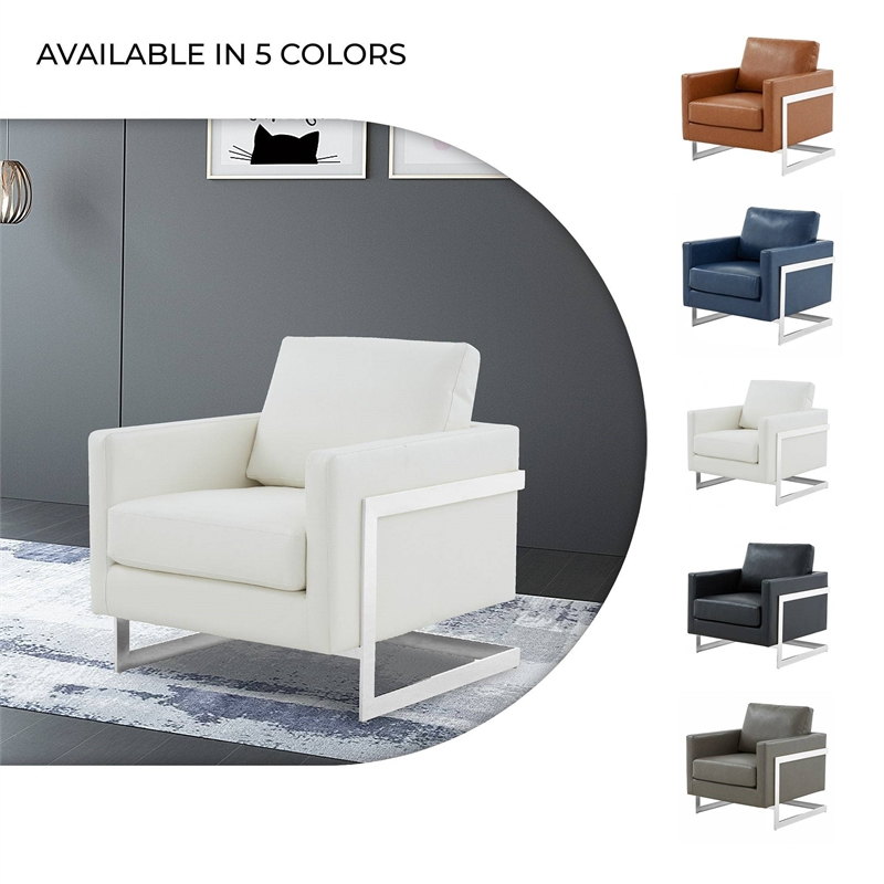 Leather Accent Armchair with Chromed Stainless Steel Frame in White