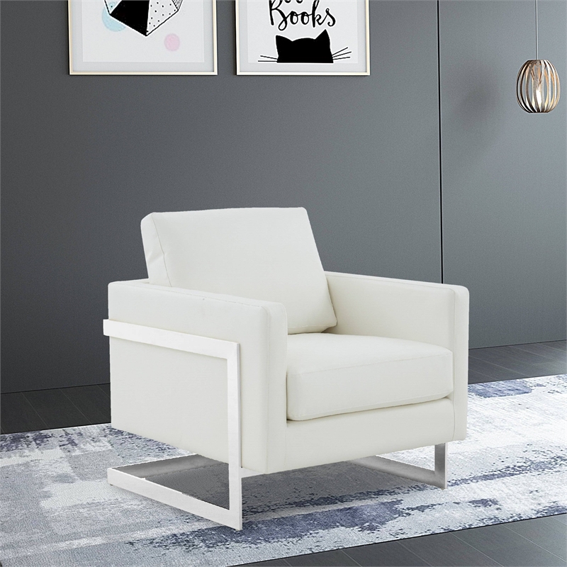 Leather Accent Armchair with Chromed Stainless Steel Frame in White