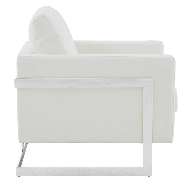 Leather Accent Armchair with Chromed Stainless Steel Frame in White
