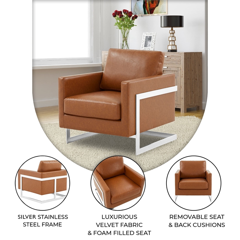 Leather Accent Armchair with Chromed Stainless Steel Frame in Cognac Tan