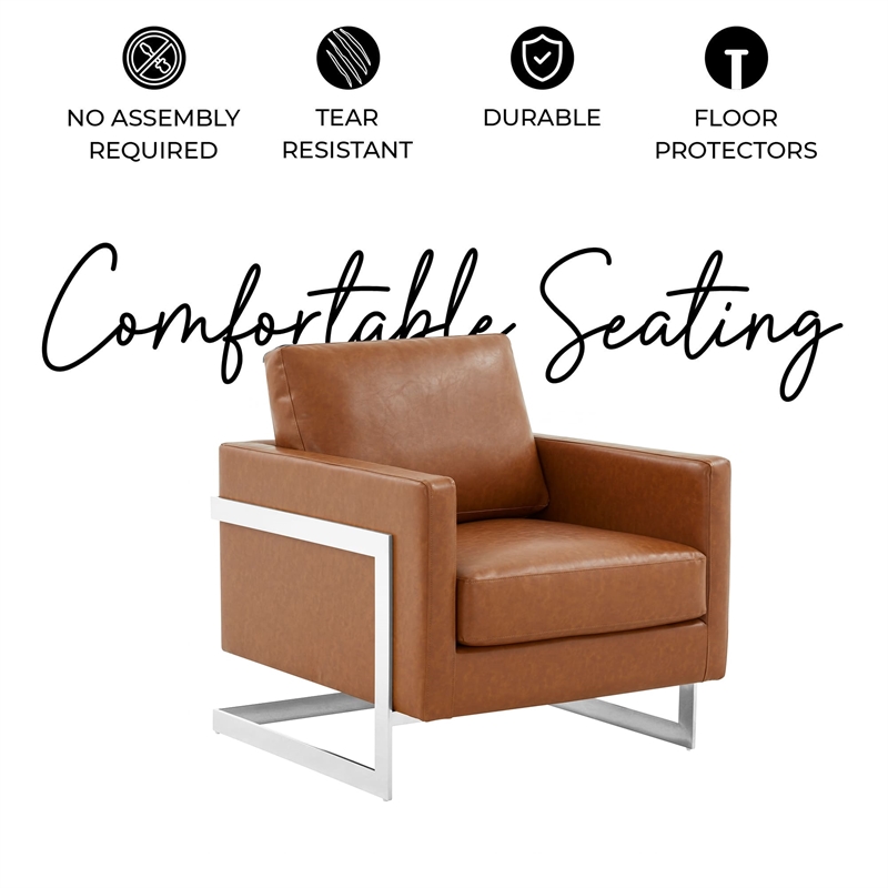 Leather Accent Armchair with Chromed Stainless Steel Frame in Cognac Tan