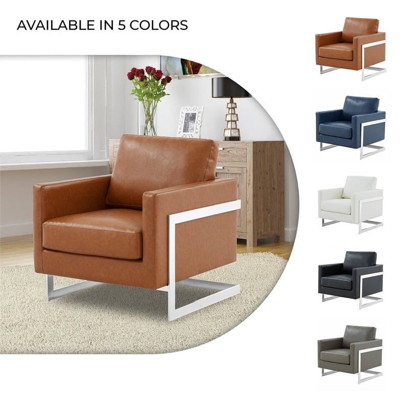 Leather Accent Armchair with Chromed Stainless Steel Frame in Cognac Tan