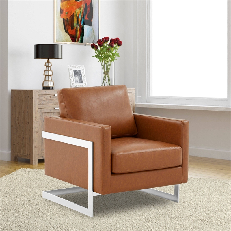 Leather Accent Armchair with Chromed Stainless Steel Frame in Cognac Tan