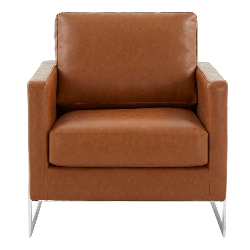 Leather Accent Armchair with Chromed Stainless Steel Frame in Cognac Tan