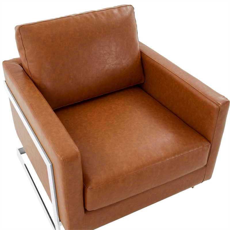Leather Accent Armchair with Chromed Stainless Steel Frame in Cognac Tan