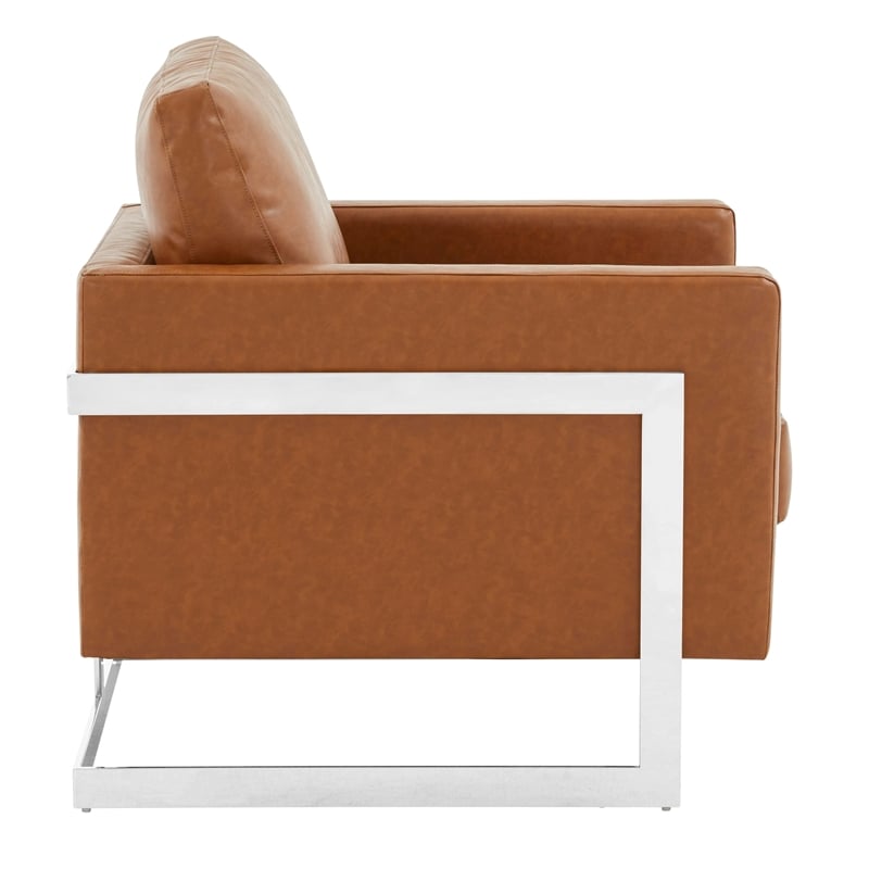 Leather Accent Armchair with Chromed Stainless Steel Frame in Cognac Tan