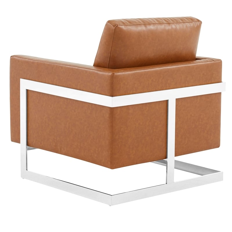 Leather Accent Armchair with Chromed Stainless Steel Frame in Cognac Tan