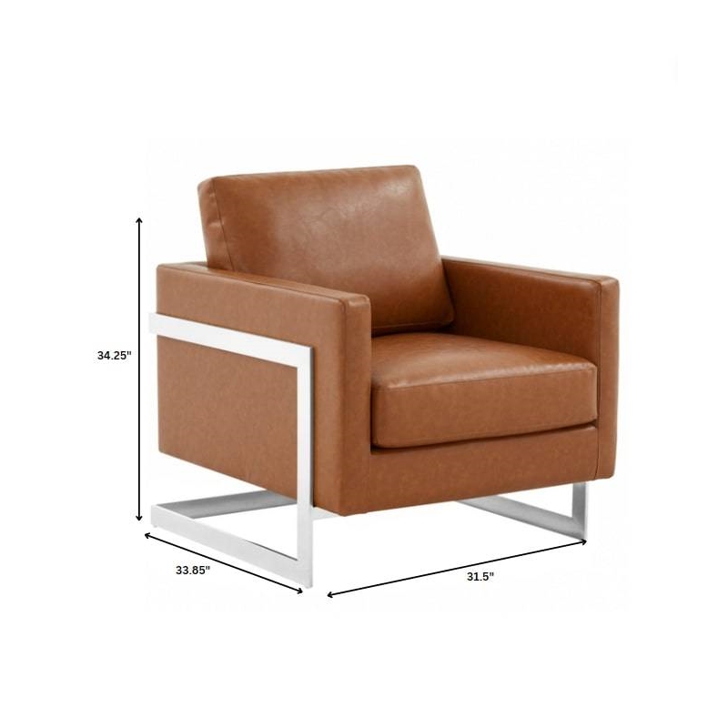Leather Accent Armchair with Chromed Stainless Steel Frame in Cognac Tan