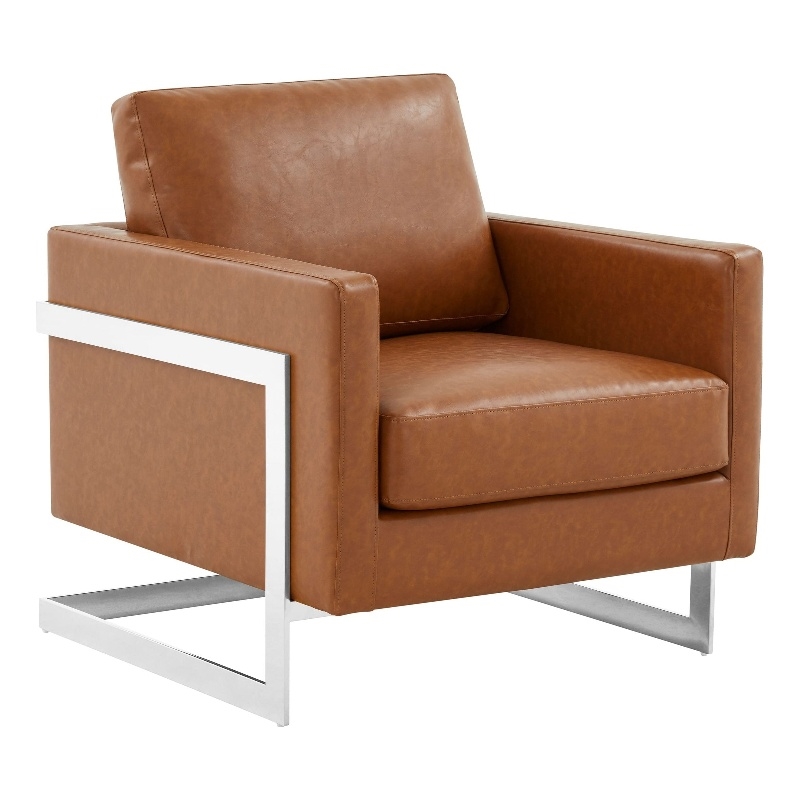 Leather Accent Armchair with Chromed Stainless Steel Frame in Cognac Tan