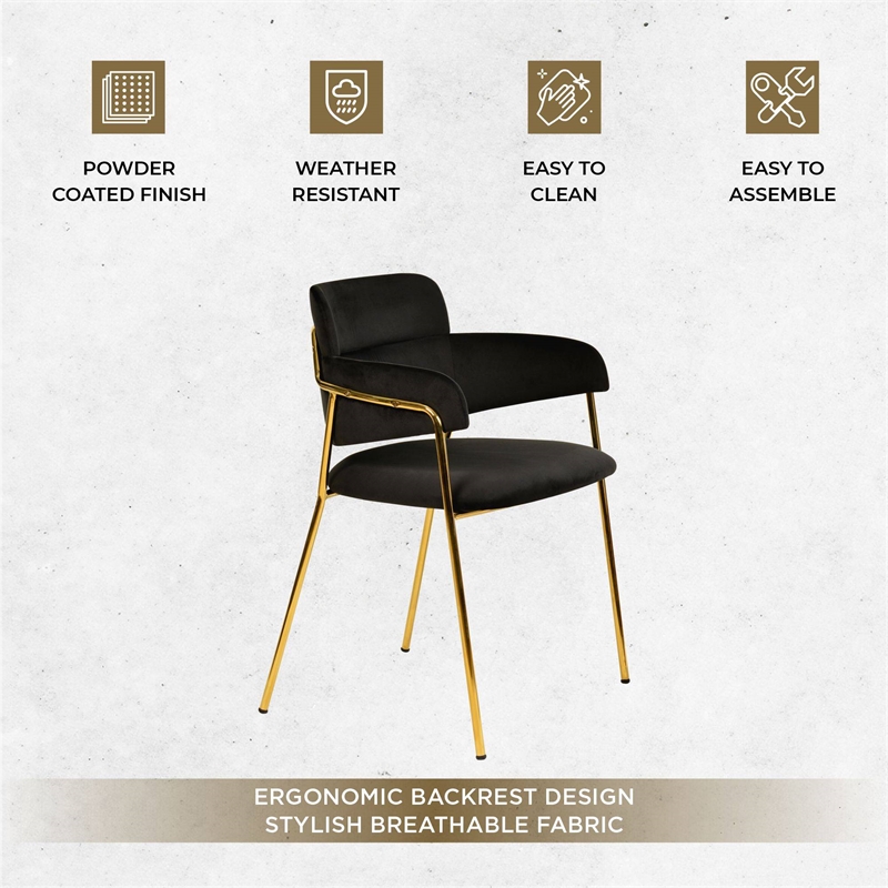 Velvet Dining Chair with Gold Powder-Coated Stainless Steel Legs in Black
