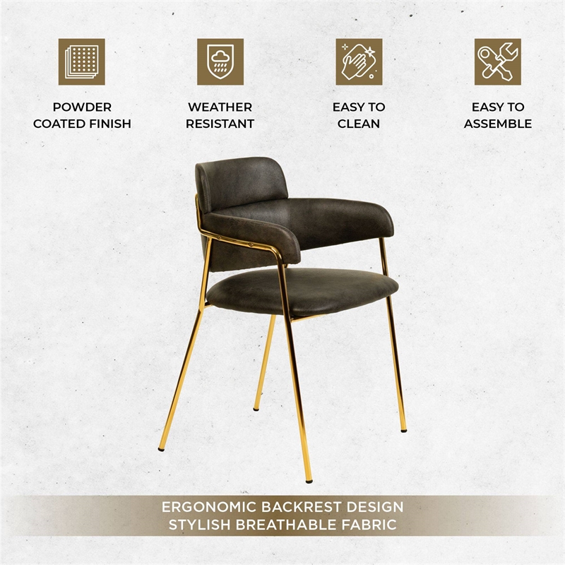Leather Dining Chair with Gold Powder-Coated Stainless Steel Legs in Charcoal