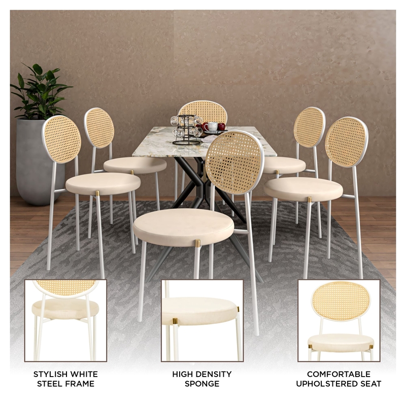 Velvet Dining Chair with Rattan Back and Stainless Steel Legs in Beige