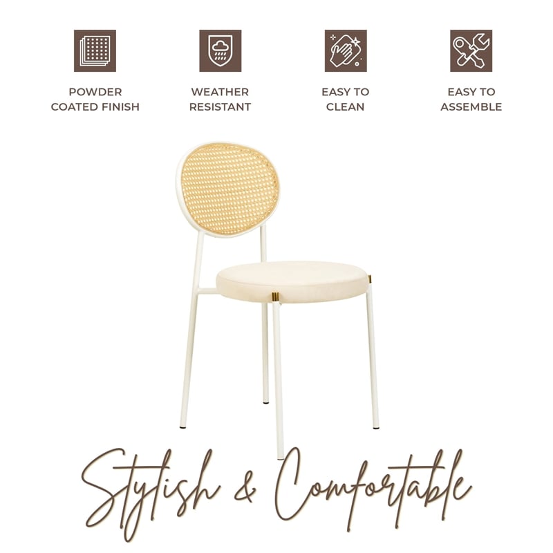 Velvet Dining Chair with Rattan Back and Stainless Steel Legs in Beige