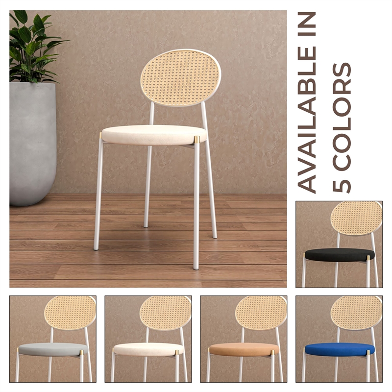 Velvet Dining Chair with Rattan Back and Stainless Steel Legs in Beige