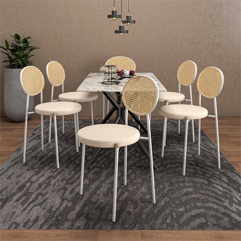 Velvet Dining Chair with Rattan Back and Stainless Steel Legs in Beige