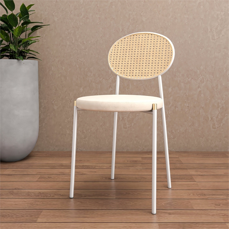 Velvet Dining Chair with Rattan Back and Stainless Steel Legs in Beige