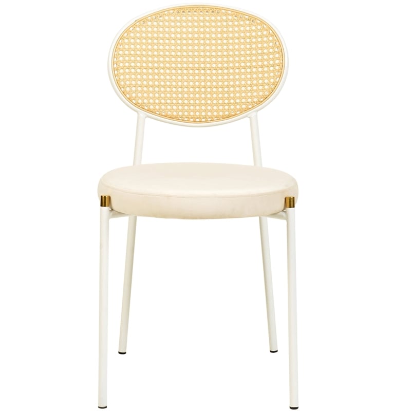 Velvet Dining Chair with Rattan Back and Stainless Steel Legs in Beige